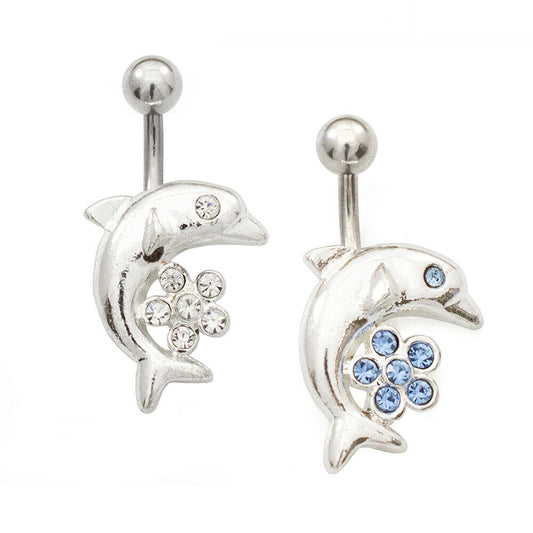Navel Ring Pack of Two with Dolphin and Cubic Zirconia Flower Design 14g
