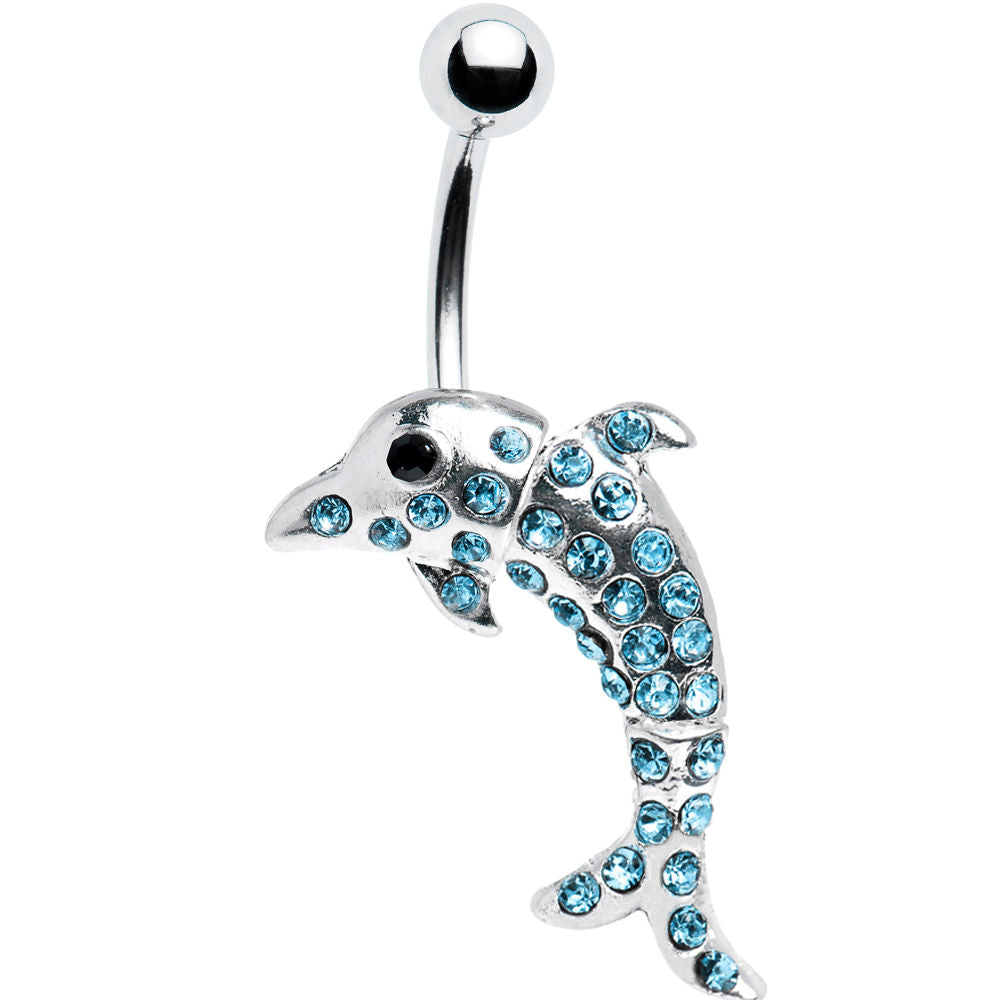 14ga Dolphin Belly Navel Button Ring Piercing with Light Blue Gems