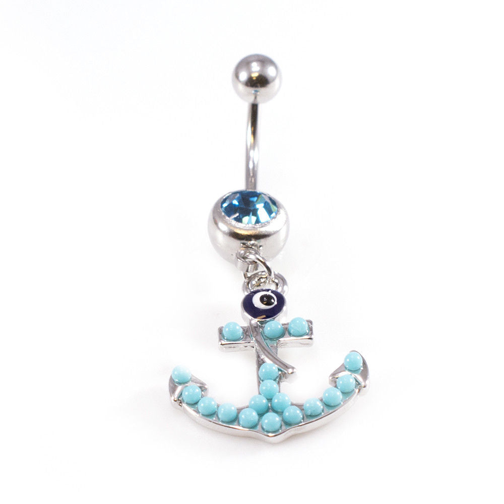Belly Button Rings Anchor Dangle Design with Aqua CZ Jewels / Navel Piercing