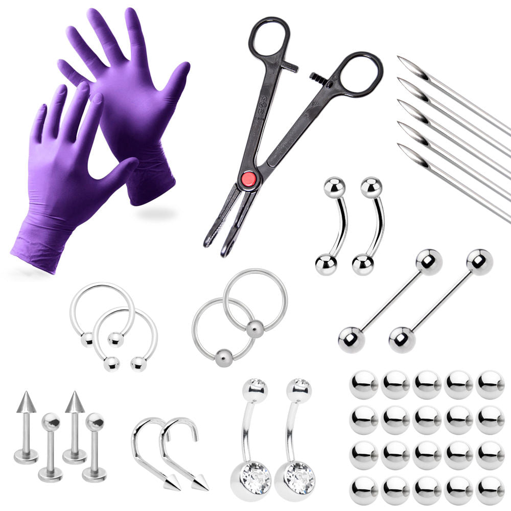 43 Piece Professional Piercing Kit -Belly, Tongue, Nipple, Nose, Eyebrow, Labret