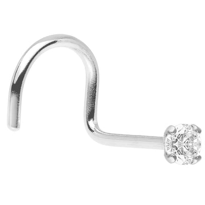 14k Nose Screw Solid White Gold with 2mm Genuine Diamond Jewel - 20ga-1/4"(6 mm)