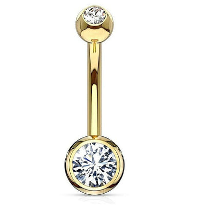 Double Gemmed 14 Karat Solid Gold Belly Button Ring 14ga