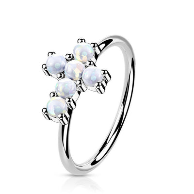 Bendable Hoop ring 14K Gold Opal or CZ Set Cross 20 Gauge Good for Nose and Ear
