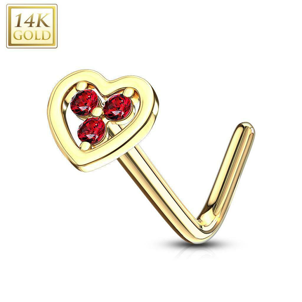 Nose Ring L-Bend with Tri Stacked Round CZ Center Hollow Heart 14Kt Gold 20g