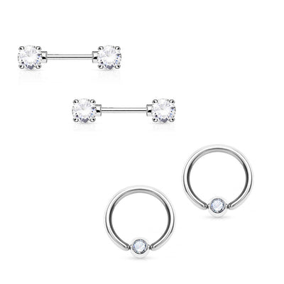 Nipple Ring 14G Barbell/Captive Combo Surgical Steel with Round CZ Gems