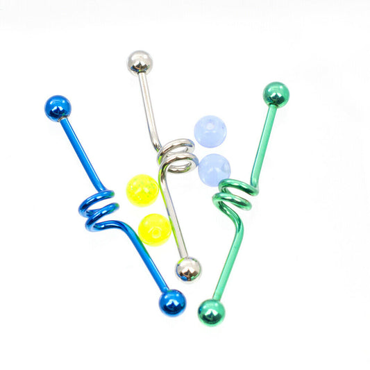 Industrial Barbells 3 Pack Swirl Design Blue,Green,Steel with extra balls 14g