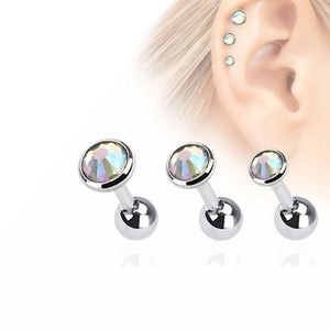 16ga Cartilage Barbells Tragus Rook Daith with Aurora CZ Gems - Pack of 3 - 316L