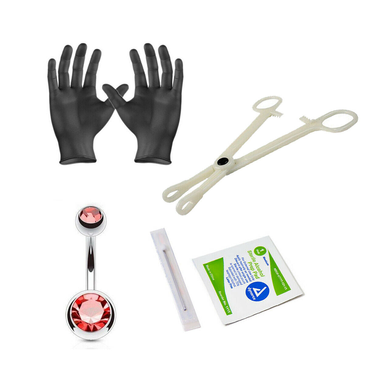 Body Piercing Kit Belly Ring 14 Gauge Clamps, Needles, Gloves And Jewelry