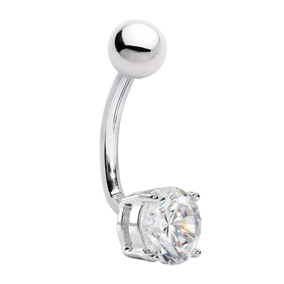 Belly Ring CZ Large 8mm Clear 14ga - J Bar 316L Surgical Steel