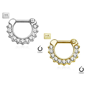 14Kt Gold Septum Clicker CZ Paved Round Single Line 16g 1 piece