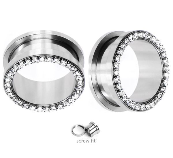 Pair of Large Gauge Surgical Steel Screw-Fit Ear Plug with Clear CZ Jewels