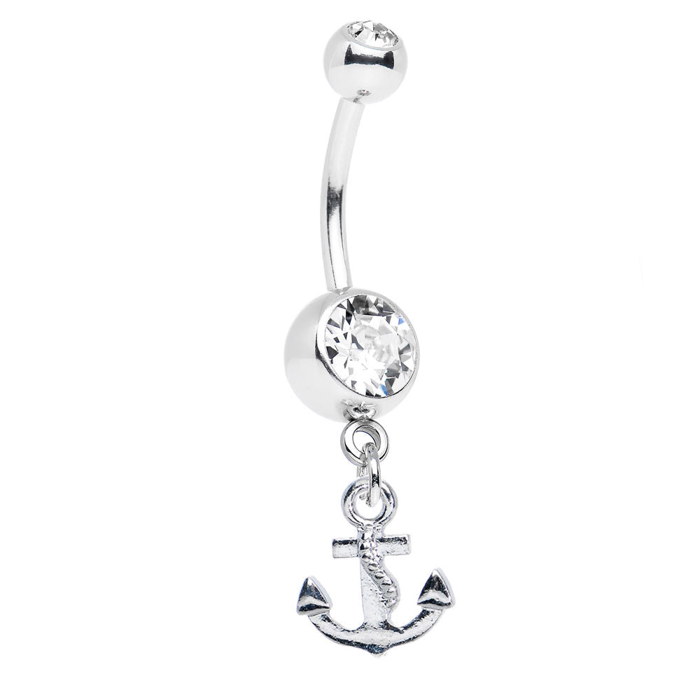 Dangle Belly Navel Ring - CZ Gems with Anchor Dangle - 14ga 316L Surgical Steel