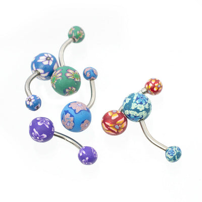Belly Button Rings Flower Painted Fimo Design Pack of 6 14ga Surgical Steel