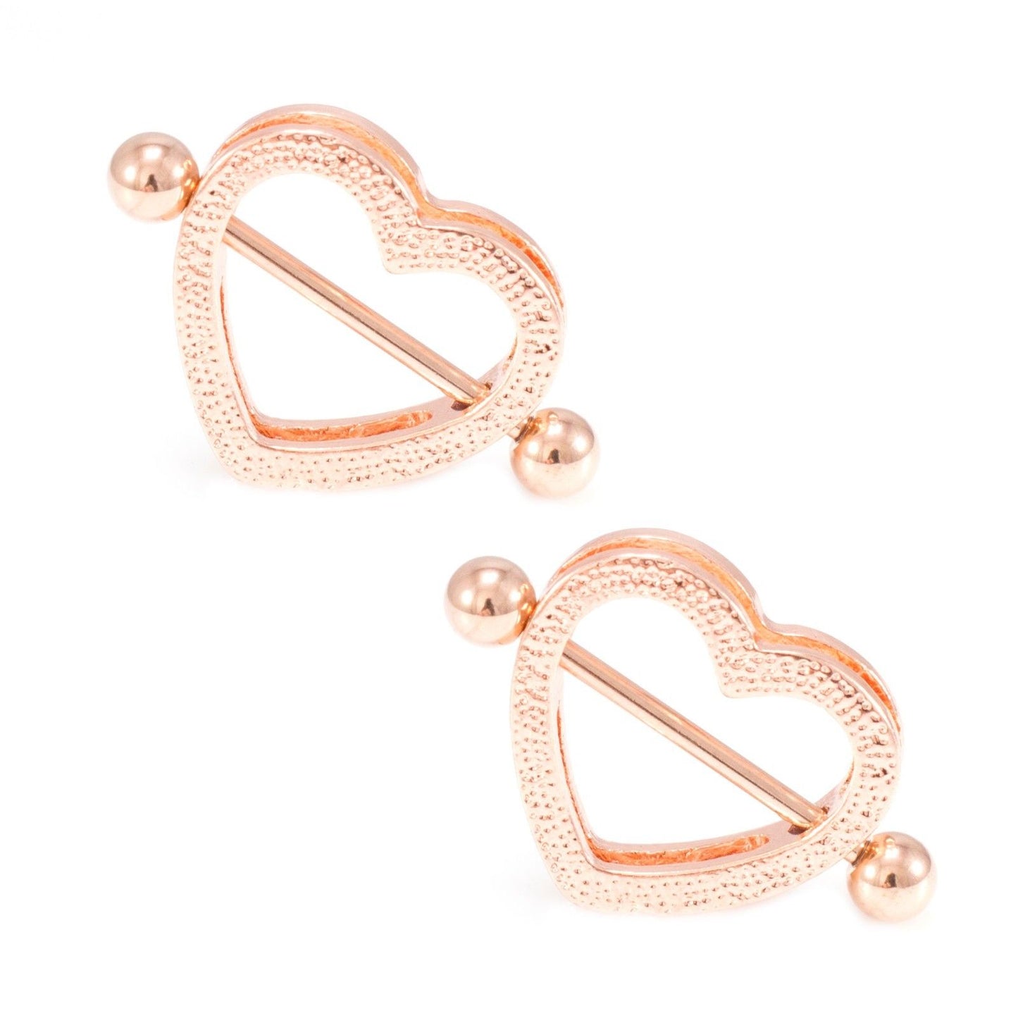Pair of Heart Nipple Shield Ring 14G  Rose Gold I.P.  Barbell with CZ Gems