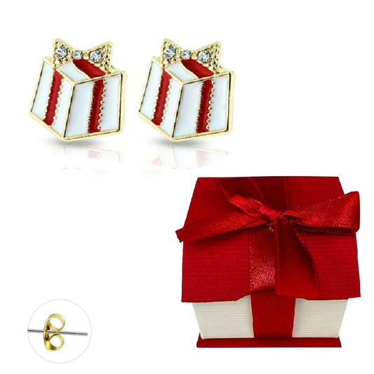 Holiday Earrings Studs Gold Plated Gem Enamel Present Gift Box Included