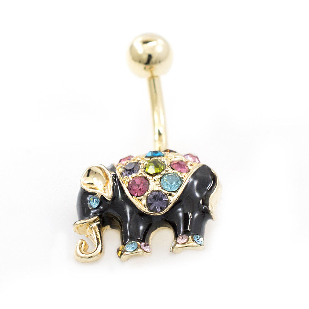 Belly Button Ring with Black Enamel Elephant Design and Multiple Color C