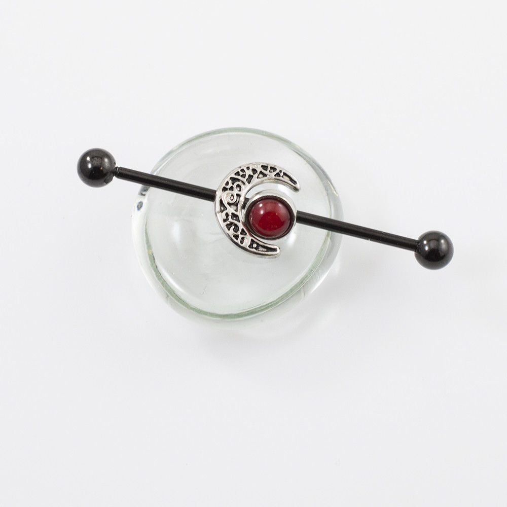Industrial Barbell with Moon and Red Stone Design 14G 38mm Length