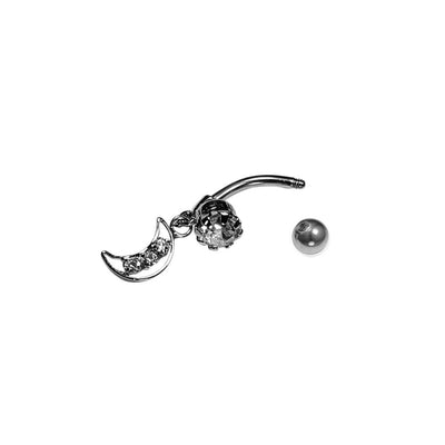 Belly Navel Dangle Ring 14g Surgical Steel Crescent Moon with Clear CZ Gems