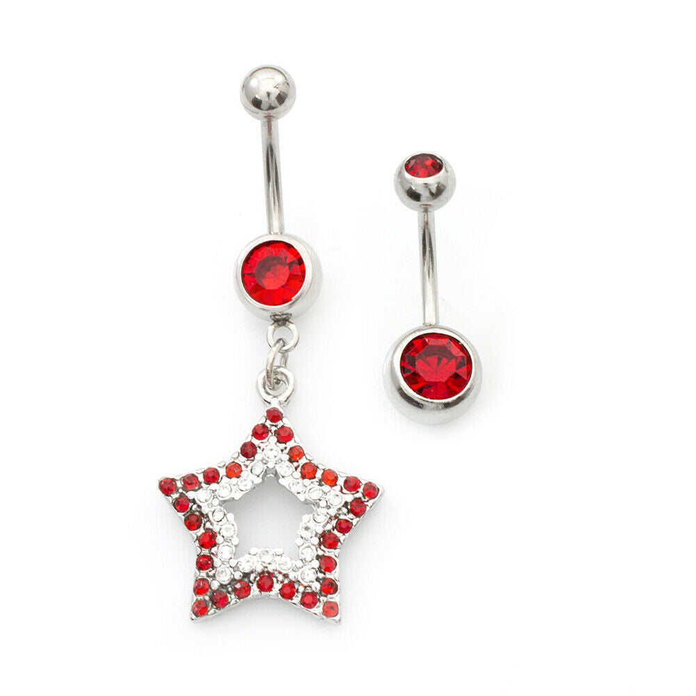 Pack of Two Belly Rings Star CZ Dangle Design and Double CZ 14ga Surgical Steel