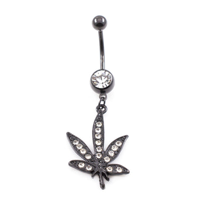 Belly Ring Pot leaf Black Anodized Dangle Design with Cubic Zirconia Jewels