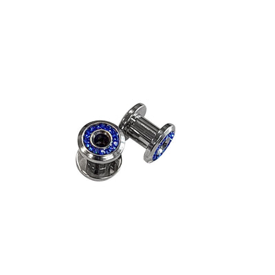 Pair of Screw Fit Surgical Steel Flare Tunnels with Press Fit Blue CZ Jewels