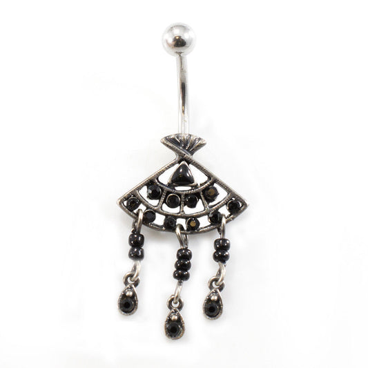 Belly Button Ring with Filigree Fan Dangle Design and Cubic Zirconia Gems 14G