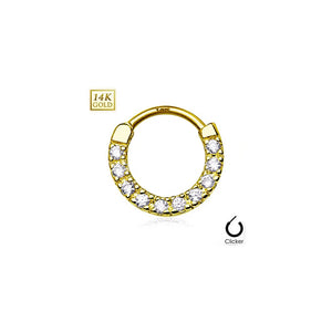 14K Solid Gold Septum Clicker with Ten Paved CZ Gems Daith Helix Rook 14G 8MM