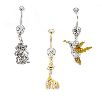 Belly Button Ring 14G 3 Pack Cute Animal Bird Monkey Giraffe Navel Rings Jewelry
