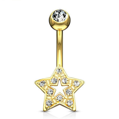 Navel Ring 14 Karat Solid Gold with Clear CZ Star Charm 14ga