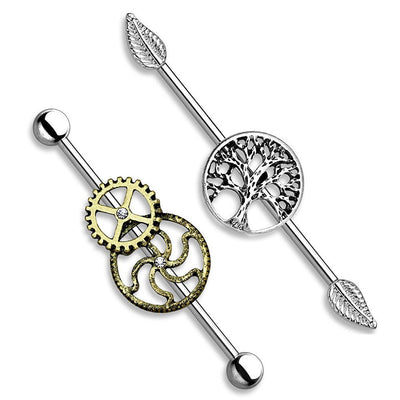 Pair of Industrial Piercing Barbells - Tree of Life and Steampunk Style Bars
