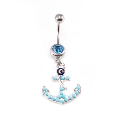 Belly Button Rings Anchor Dangle Design with Aqua CZ Jewels / Navel Piercing
