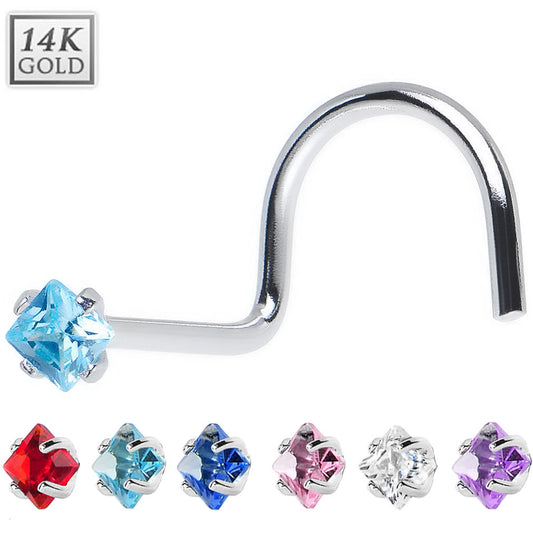 White Gold Nose Screw with 2mm Square Gem Top