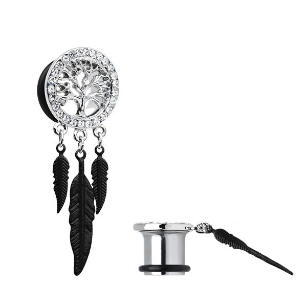 Pair of Dangling Feathers and Tree of Life Ear Plugs with Clear CZ Gems