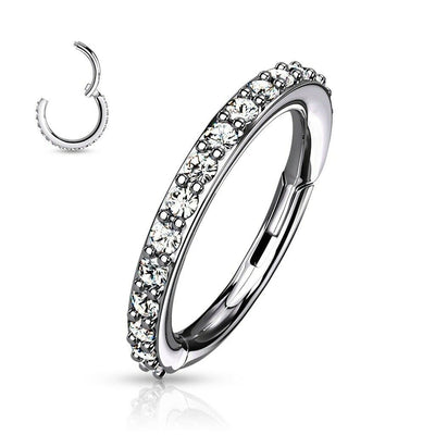 Hinged Segment Ear Hoop Ring with Paved Cubic Zirconias Surgical Steel-Sold Each