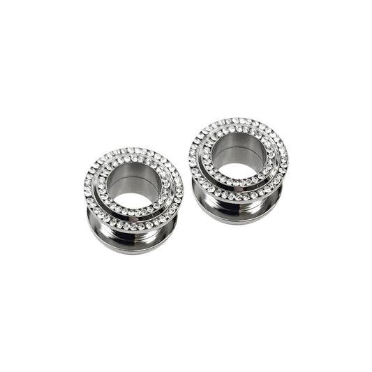 Pair of Screw Fit Ear Plugs Gauges with Double Row of Clear CZ Jewels