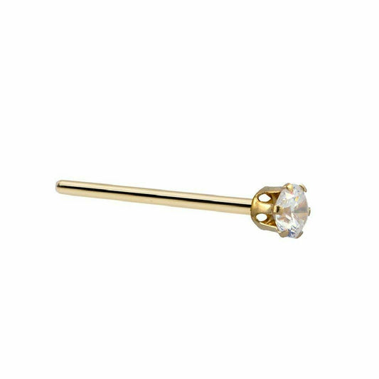 FISHTAIL NOSE STUD 14K YELLOW GOLD WITH PRONG CUBIC ZIRCONIA 22 GAUGE