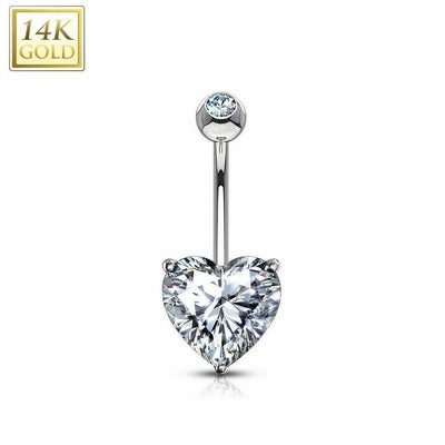 Heart CZ Prong Set 14 Karat Solid Gold Belly Button Ring 14ga