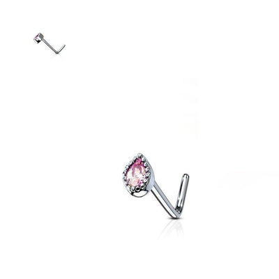 Nose Ring L-Bend Clear CZ Gem Set Teardrop 20g Stud Screw 316L Surgical Steel