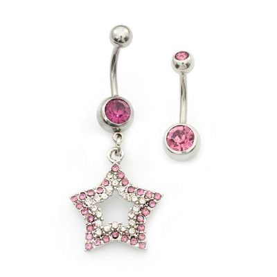 Pack of Two Belly Rings Star CZ Dangle Design and Double CZ 14ga Surgical Steel