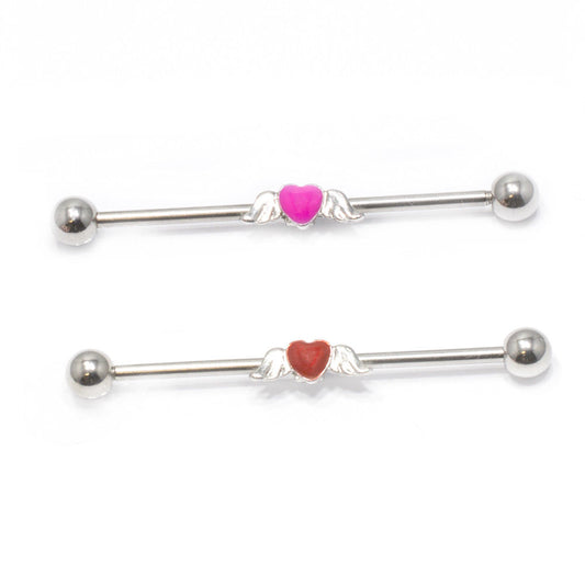 Industrial Piercing Barbell 14G with Red Heart and Angel Wings