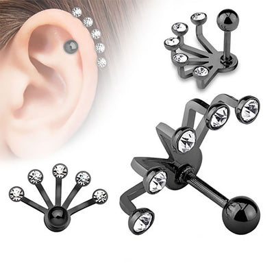 Cartilage Piercing Barbell - Five Crystal Set Fan Hanging 316L Surgical Steel