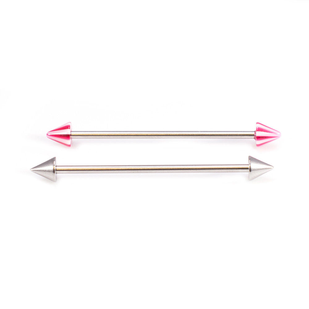 Industrial Barbell Pair One Surgical Steel and One with Acrylic Stripe Spike End