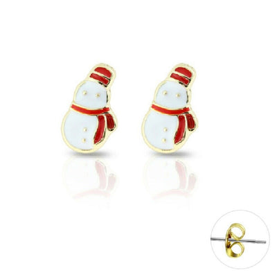 Holiday Earrings Studs Gold Plated Enamel Snowman Gift Box Included