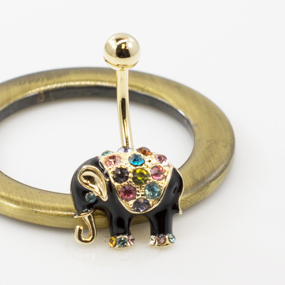 Belly Button Ring with Black Enamel Elephant Design and Multiple Color C