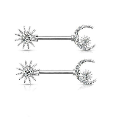 Nipple Ring Barbells with Sun and Crescent Moon Stars CZ 14G - Sold as a Pair