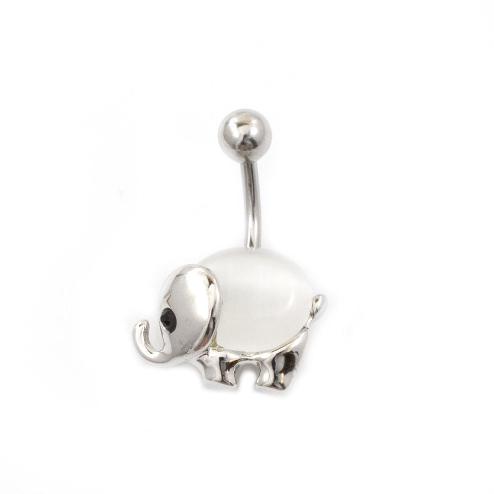 Belly Button Ring with Elephant Design and a Big Opalite Stone 14G