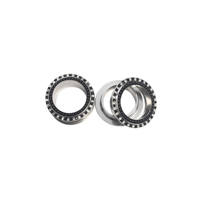 Pair of Surgical Steel Screw Fit Ear Plug with Black & Clear CZ Gems