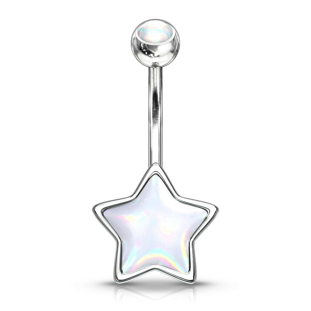 Belly Button Ring with Star Shaped Illuminating Stone and Illuminating Stone 14g