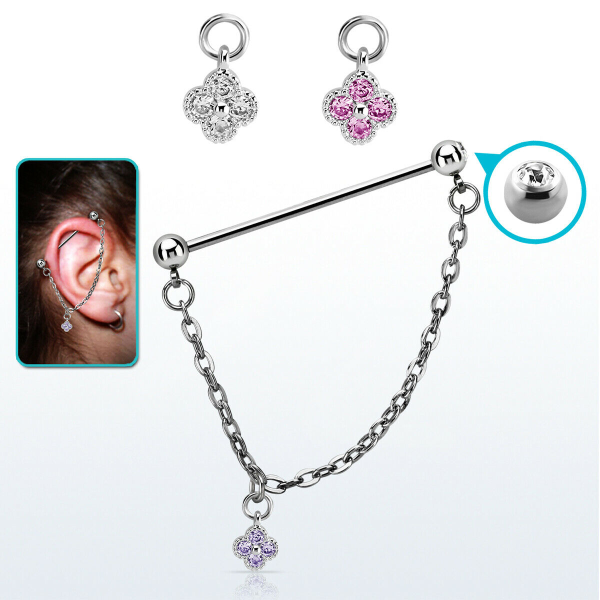 Ear industrial barbell 14g/1.6mm with a 5mm press fit gem ball and a 5mm steel ball linked with a chain with cubic zirconia stones in a flower shape dangling part
