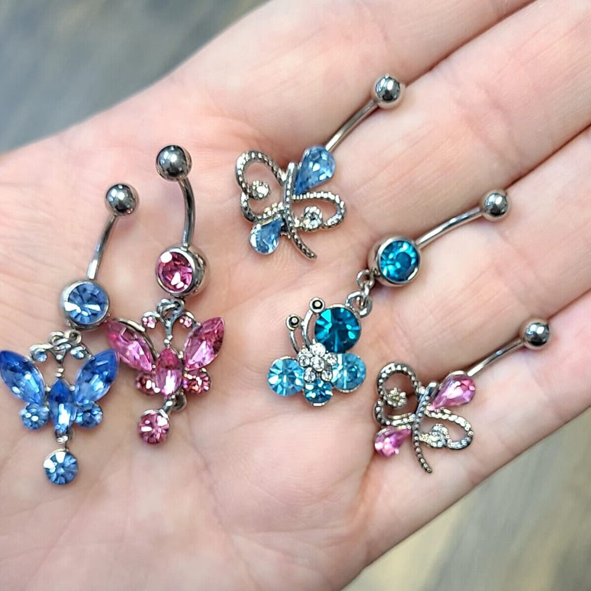 5 Pack of Fancy CZ Gem Belly Navel Ring Butterfly Design 14g Surgical Steel